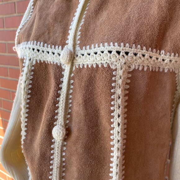 Vintage 70s Suede Leather Knit Cardigan Sweater Jacket Retro | Size S/M - Picture 4 of 10